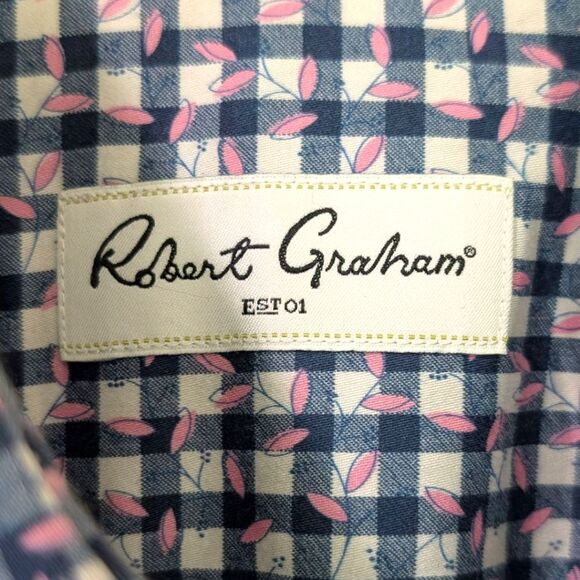 Robert Graham Men's 17.5 Button-Down Shirt Blue Gingham Check with Pink Floral - Picture 4 of 11